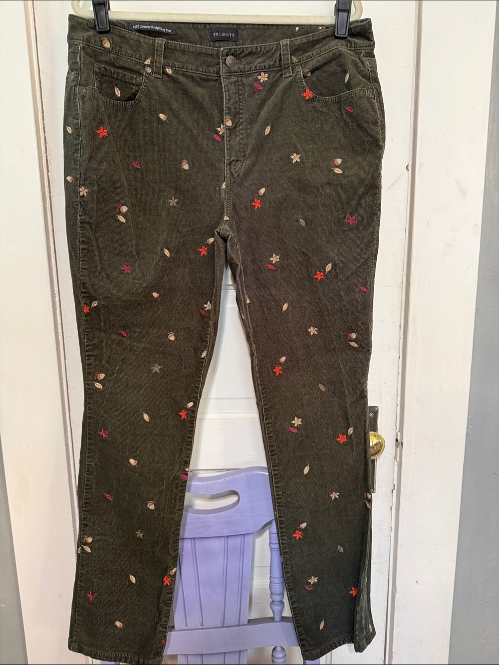 Talbots Olive Green corduroy Jeans with Multicolor Floral Embroidery